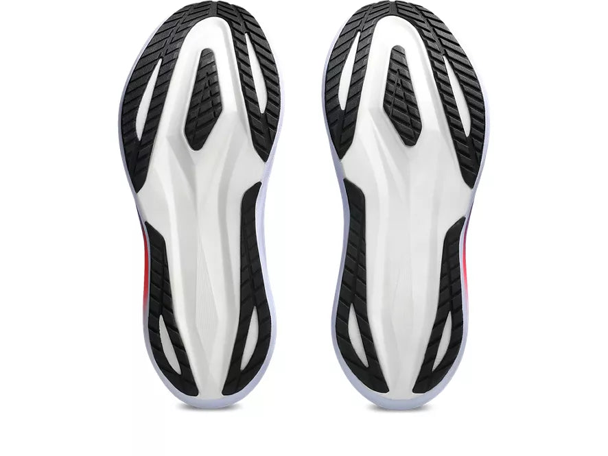 Unisex Asics Megablast. Purple upper. White midsole. Bottom view.