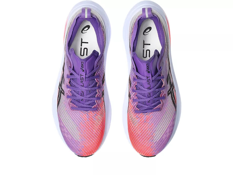 Unisex Asics Megablast. Purple upper. White midsole. Top view.