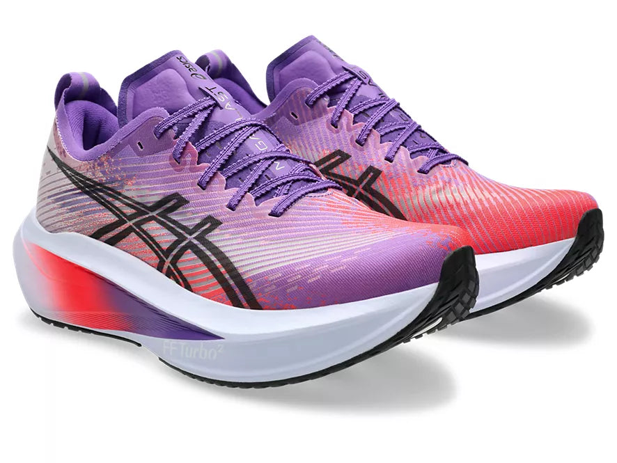 Unisex Asics Megablast. Purple upper. White midsole. Lateral view.