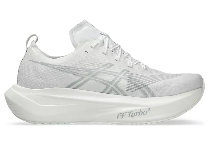 Unisex Asics Megablast. White upper. White midsole. Lateral view.