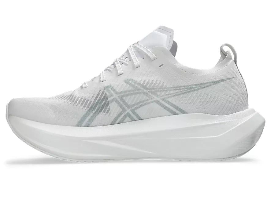 Unisex Asics Megablast. White upper. White midsole. Medial view.