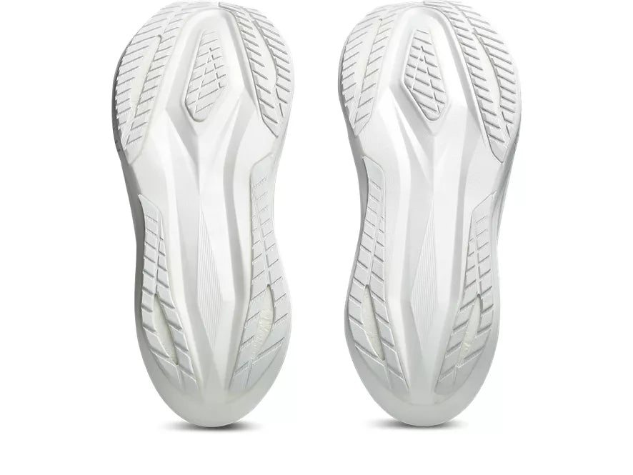 Unisex Asics Megablast. White upper. White midsole. Bottom view.