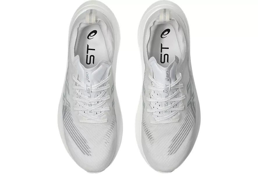 Unisex Asics Megablast. White upper. White midsole. Top view.