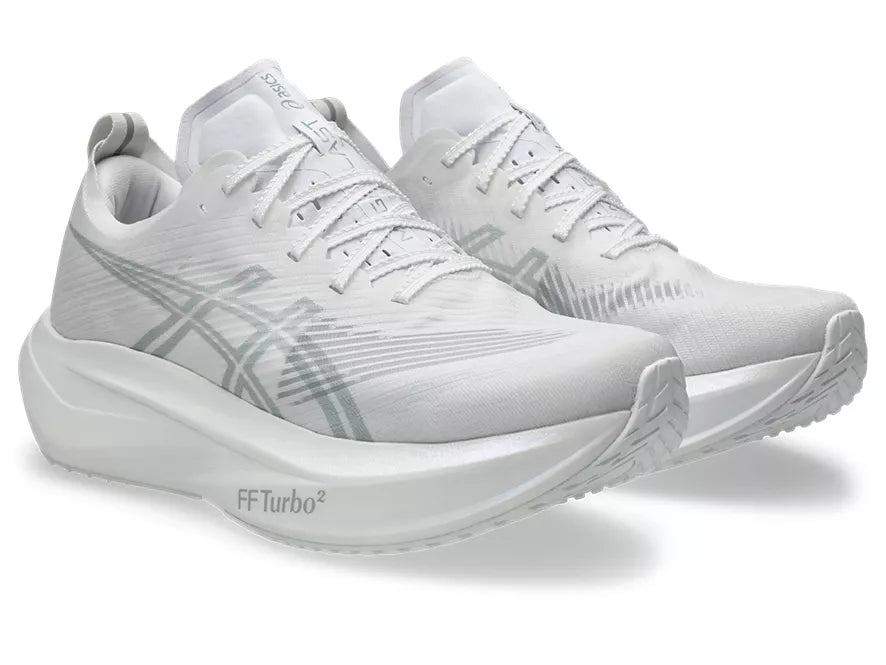 Unisex Asics Megablast. White upper. White midsole. Lateral view.
