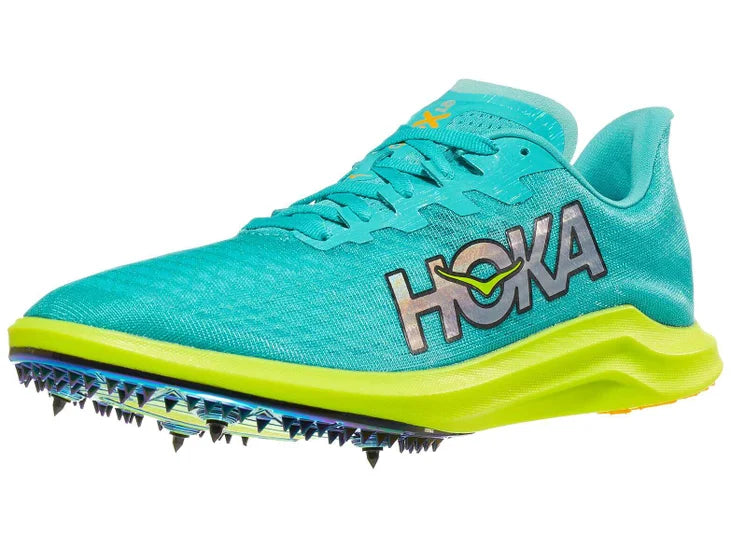 Hoka Cielo X 2 LD Spikes. Green upper. Yellow midsole. Lateral view.
