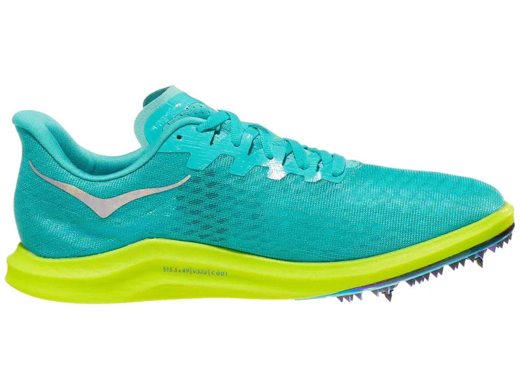 Hoka Cielo X 2 LD Spikes. Green upper. Yellow midsole. Medial view.