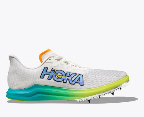 Unisex Hoka Cielo X 2 LD Spikes. White upper. Green/Yellow midsole. Lateral view.