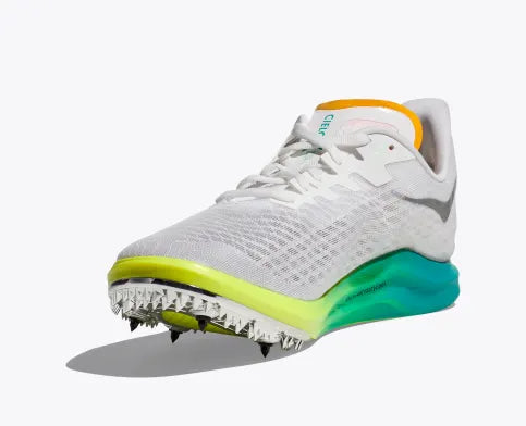 Unisex Hoka Cielo X 2 LD Spikes. White upper. Green/Yellow midsole. Front/Medial view.