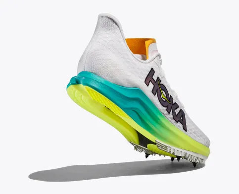 Unisex Hoka Cielo X 2 LD Spikes. White upper. Green/Yellow midsole. Rear/Lateral view.