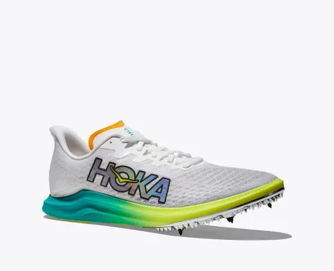 Unisex Hoka Cielo X 2 LD Spikes. White upper. Green/Yellow midsole. Lateral view.