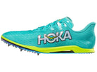 Hoka Cielo X 2 MD Spikes. Green upper. Yellow midsole. Lateral view.