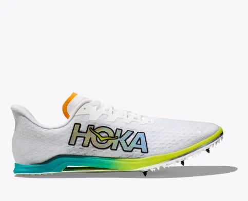 Unisex Hoka Cielo X 2 MD Spikes. White upper. Green/Yellow midsole. Lateral view.