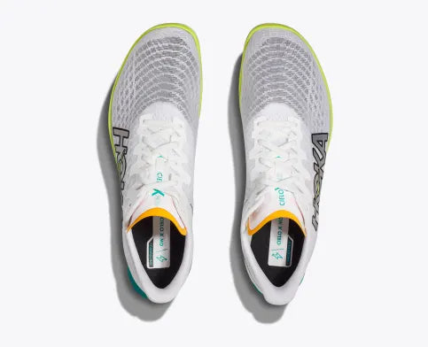 Unisex Hoka Cielo X 2 MD Spikes. White upper. Green/Yellow midsole. Top view.