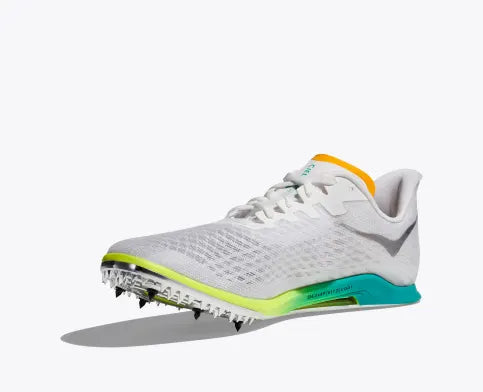 Unisex Hoka Cielo X 2 MD Spikes. White upper. Green/Yellow midsole. Medial view.