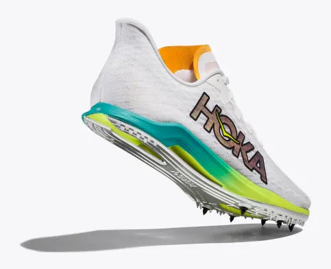 Unisex Hoka Cielo X 2 MD Spikes. White upper. Green/Yellow midsole. Rear/Lateral view.