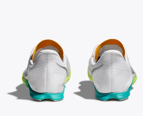 Unisex Hoka Cielo X 2 MD Spikes. White upper. Green/Yellow midsole. Rear view.