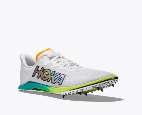 Unisex Hoka Cielo X 2 MD Spikes. White upper. Green/Yellow midsole. Lateral view.