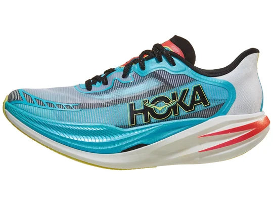 Unisex Hoka Cielo X1 2.0. Teal upper. White midsole. Lateral view.