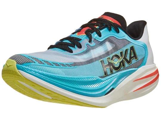 Unisex Hoka Cielo X1 2.0. Teal upper. White midsole. Lateral view.