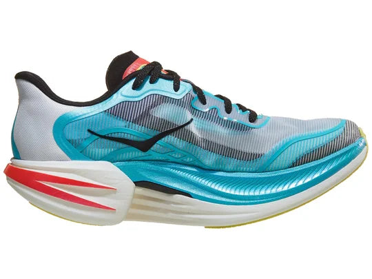 Unisex Hoka Cielo X1 2.0. Teal upper. White midsole. Medial view.