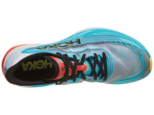 Unisex Hoka Cielo X1 2.0. Teal upper. White midsole. Top view.