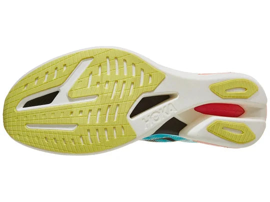 Unisex Hoka Cielo X1 2.0. Teal upper. White midsole. Bottom view.