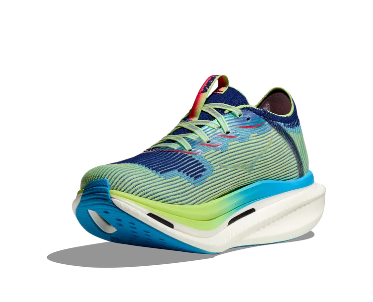Unisex Hoka Cielo X1. Blue/Green upper. White midsole. Front/Medial view.