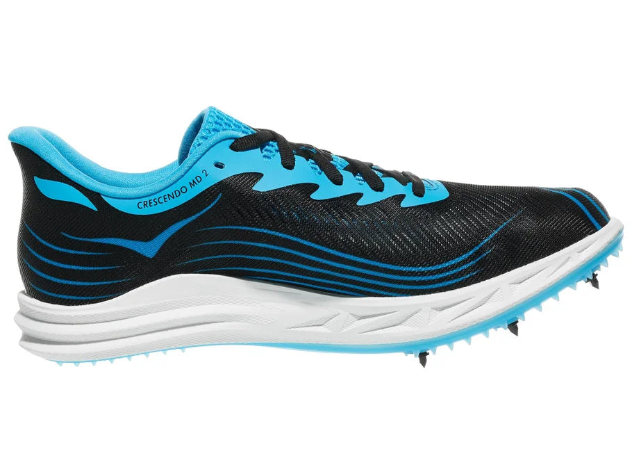 HOKA Crescendo MD 2 unisex track spike in Black/Skyward Blue, medial view