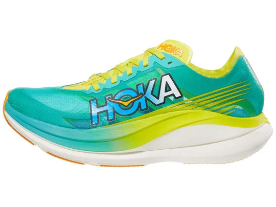 Unisex Hoka Rocket X 2. Green upper. Green/Yellow/White midsole. Lateral view.