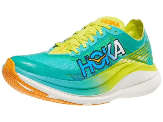 Unisex Hoka Rocket X 2. Green upper. Green/Yellow/White midsole. Lateral view.