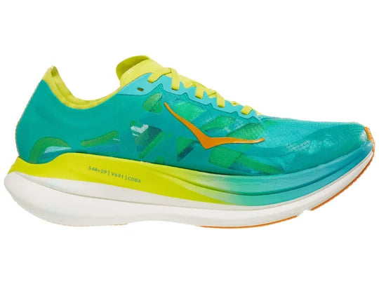Unisex Hoka Rocket X 2. Green upper. Green/Yellow/White midsole. Medial view.