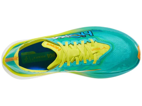 Unisex Hoka Rocket X 2. Green upper. Green/Yellow/White midsole. Top view.
