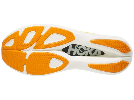 Unisex Hoka Rocket X 2. Green upper. Green/Yellow/White midsole. Bottom view.