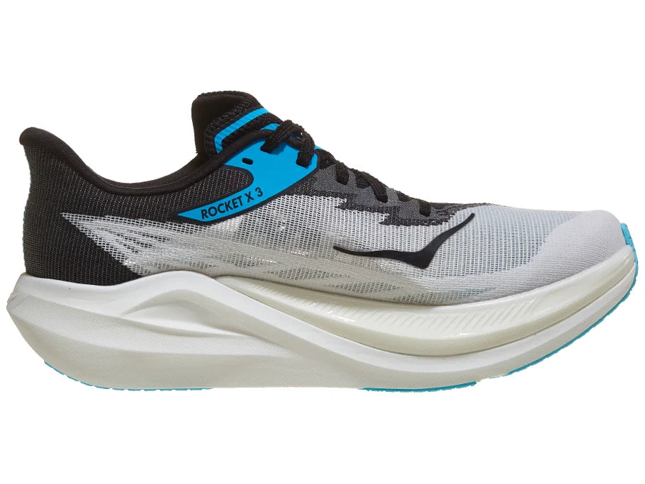 Unisex Hoka Rocket X3. White upper. White midsole. Medial view.