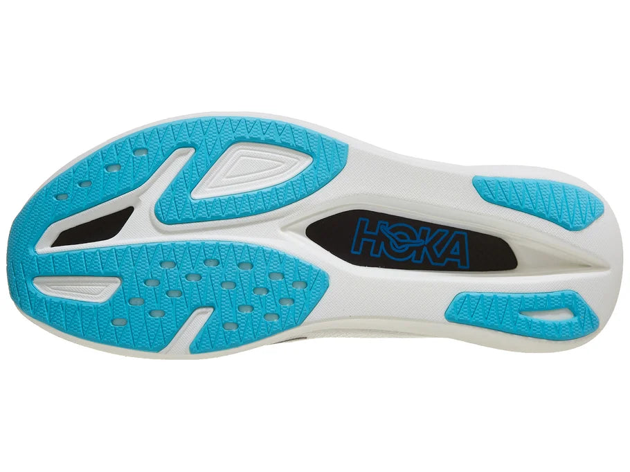 Unisex Hoka Rocket X3. White upper. White midsole. Bottom view.