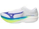 Mizuno Hyperwarp Elite. White upper. White/Yellow/Blue midsole. Lateral view.