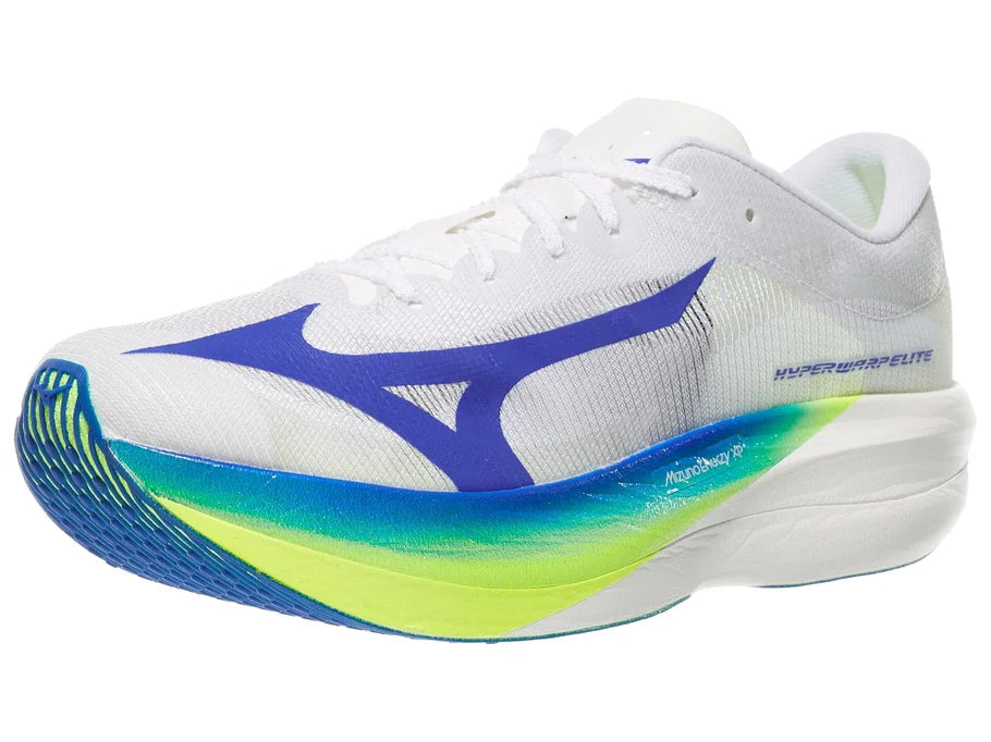 Mizuno Hyperwarp Elite. White upper. White/Yellow/Blue midsole. Lateral view.
