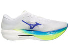 Mizuno Hyperwarp Elite. White upper. White/Yellow/Blue midsole. Medial view.