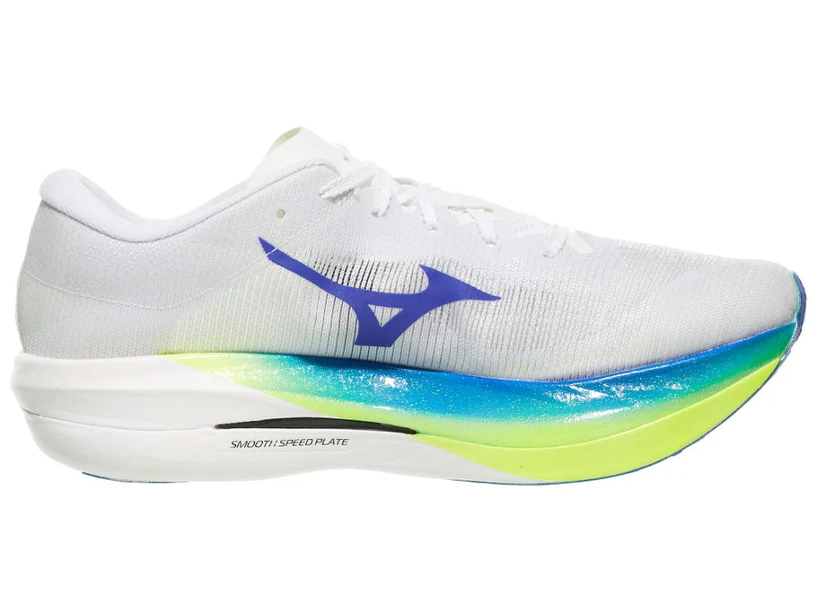 Mizuno Hyperwarp Elite. White upper. White/Yellow/Blue midsole. Medial view.