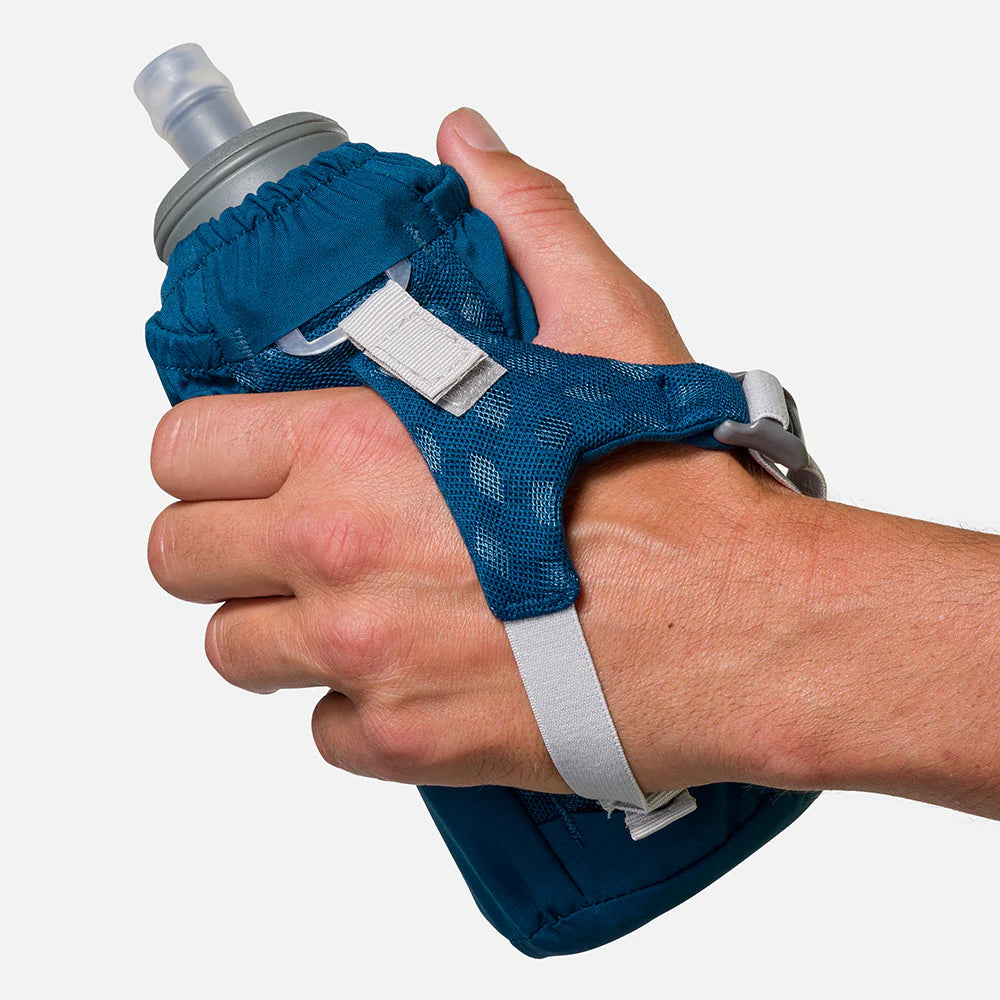 Unisex Nathan Pinnacle Soft Flask Insulated Handheld 18oz. Blue. Back view.