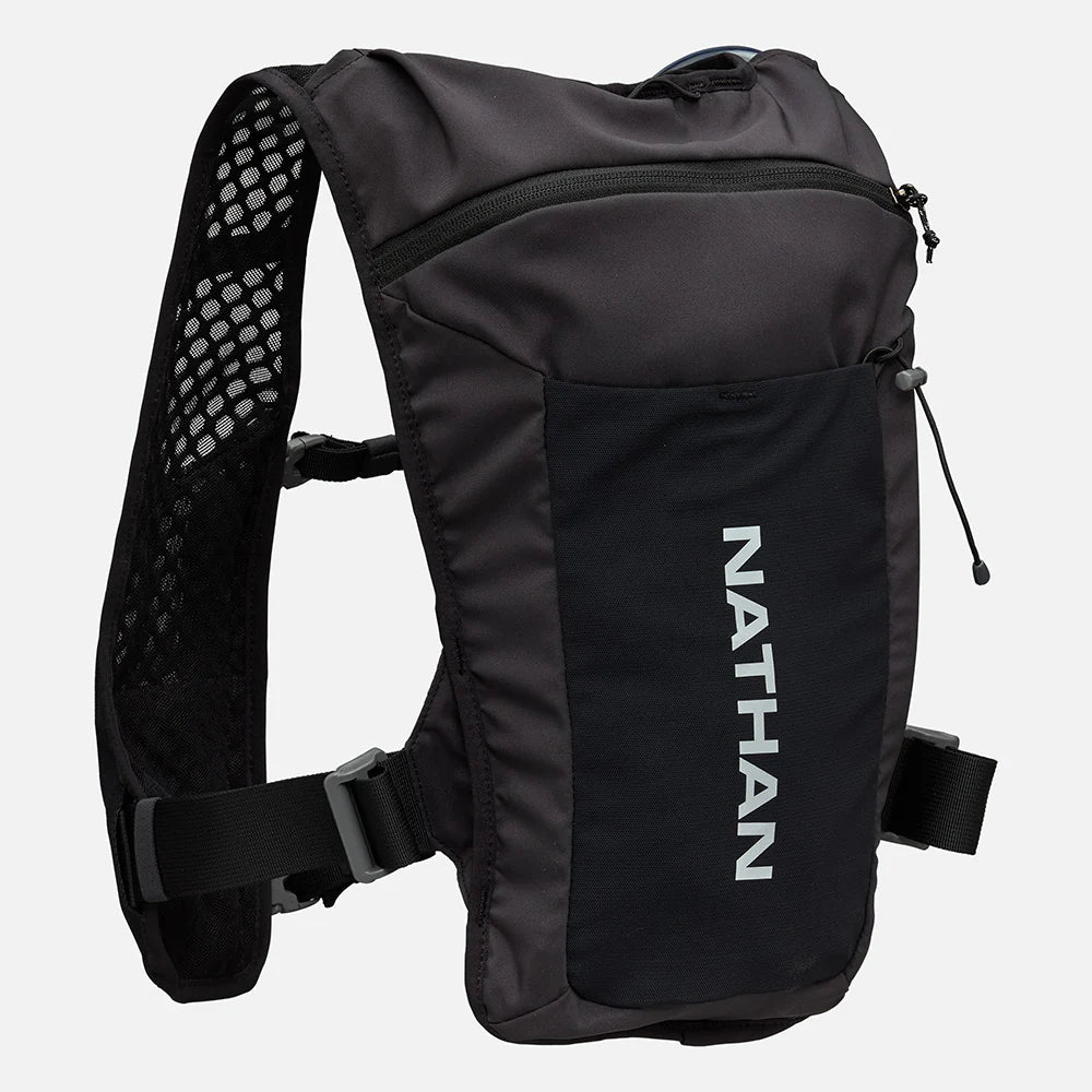 Unisex Nathan Quickstart 3.0 4 Liter Hydration Pack. Black. Back view.
