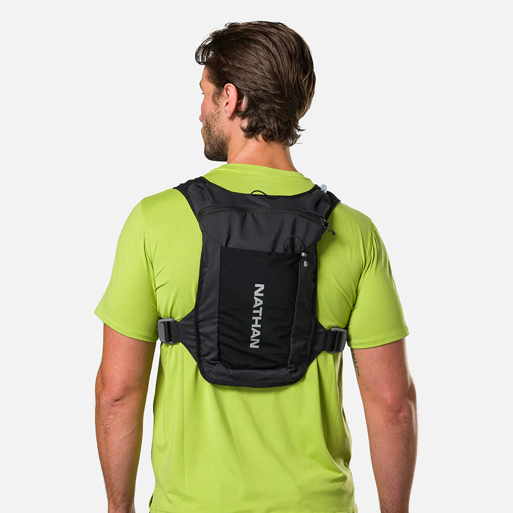 Unisex Nathan Quickstart 3.0 4 Liter Hydration Pack. Black. Back view.