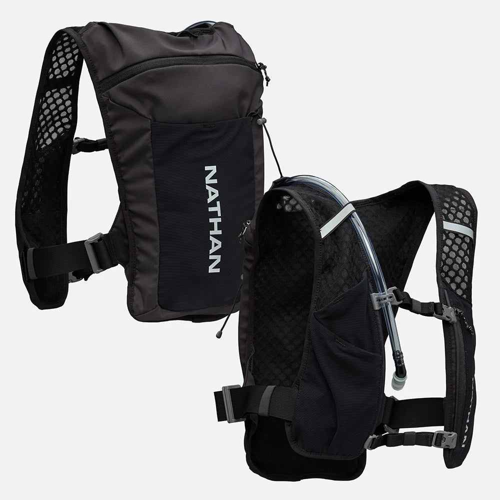 Unisex Nathan Quickstart 3.0 4 Liter Hydration Pack. Black. Front and back view.