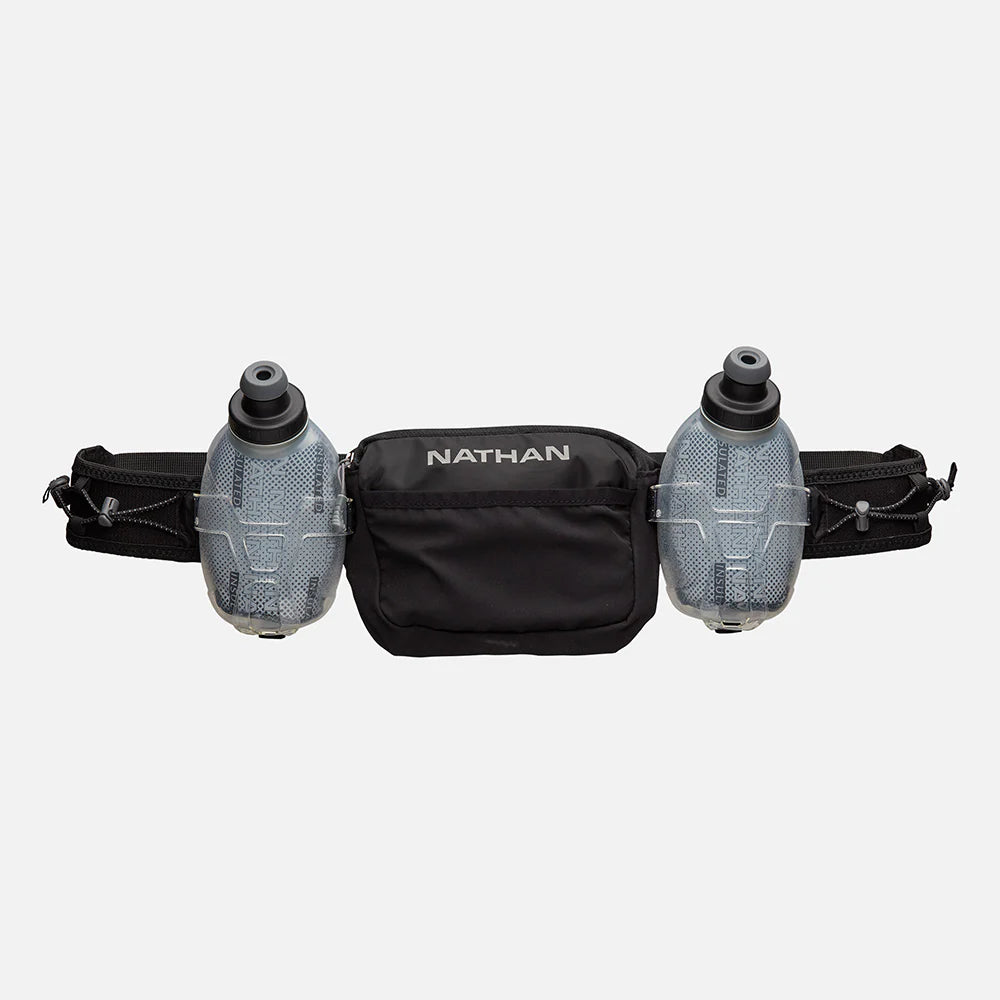 Unisex Nathan TrailMix Plus 3.0 Insulated Hydration Belt. Black. Front view.