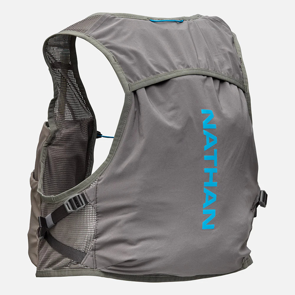 Unisex Nathan Breeze 4 Liter Hydration Vest. Grey with blue logo. Back view.