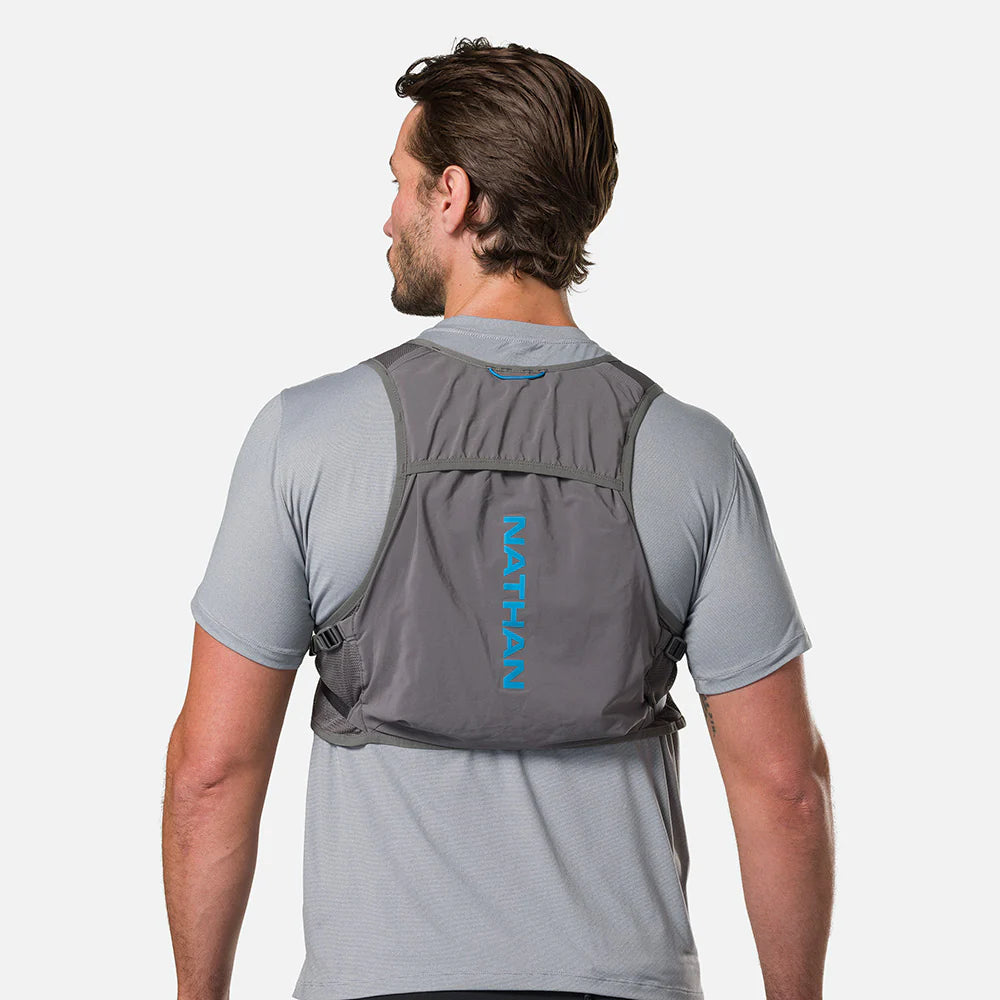 Unisex Nathan Breeze 4 Liter Hydration Vest. Grey with blue logo. Back view.