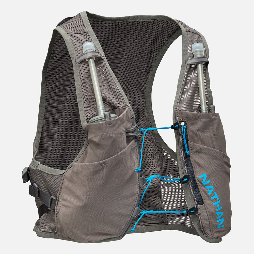 Unisex Nathan Breeze 4 Liter Hydration Vest. Grey with blue logo. Front view.