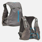 Unisex Nathan Breeze 4 Liter Hydration Vest. Grey with blue logo. Front and back view.