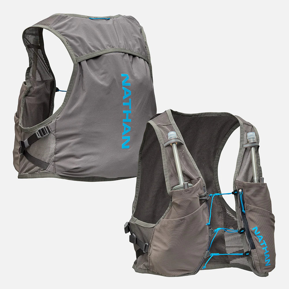 Unisex Nathan Breeze 4 Liter Hydration Vest. Grey with blue logo. Front and back view.