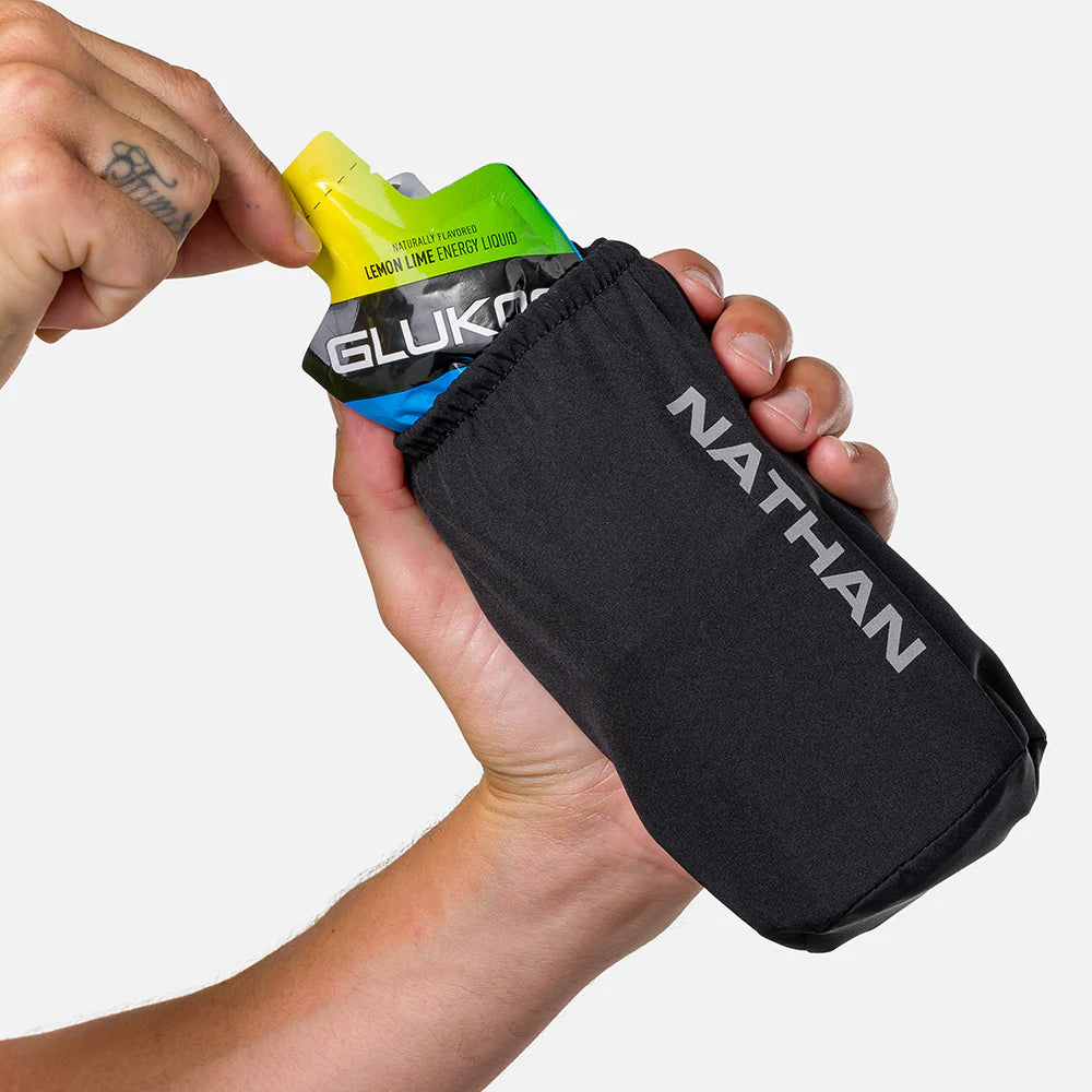 Unisex Nathan Pinnacle Soft Flask Insulated Handheld 18oz. Black. Front view.